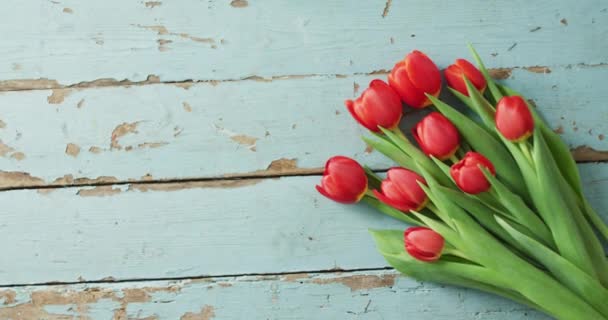 Strauß Roter Tulpen Auf Holzgrund Valentinstag Valentinstag Liebe Und Festkonzept — Stockvideo