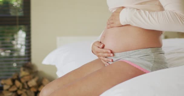 간균성 임산부의 침대에 앉아서 만지고 있었어요 어머니 아기를 임신하고 집에서 — 비디오