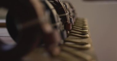 Deri atölyesinde sıralanmış deri kemerler giymeye hazır. bağımsız küçük işletmeci 