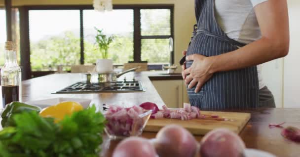 Środkowa Część Białej Kobiety Ciąży Noszącej Fartuch Dotykająca Brzucha Kuchni — Wideo stockowe
