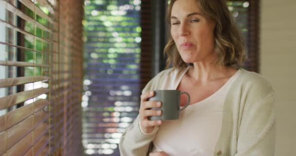 Happy Caucasian Pregnant Woman Standing Window Tea Touching Belly Pregnancy — Stock Video