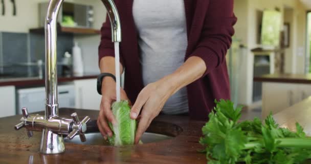 Middensectie Van Blanke Zwangere Vrouw Die Groenten Wast Keuken Verwachten — Stockvideo