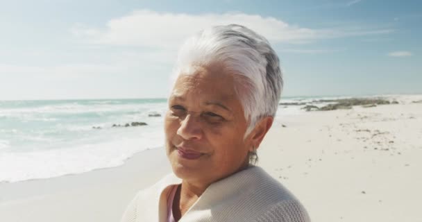 Porträt Einer Älteren Hispanischen Frau Die Strand Steht Und Die — Stockvideo