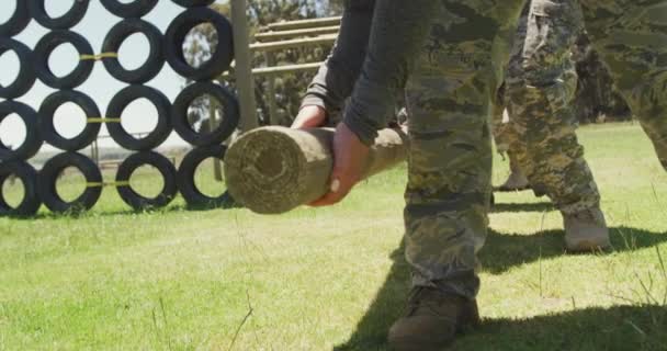 Különböző Alakulatú Katonák Emelik Szállítják Rönköt Napon Hadsereg Akadálypályán Egészséges — Stock videók