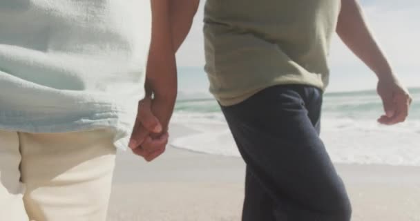 Mittelteil Eines Hispanischen Senioren Paares Das Händchen Haltend Strand Bei — Stockvideo