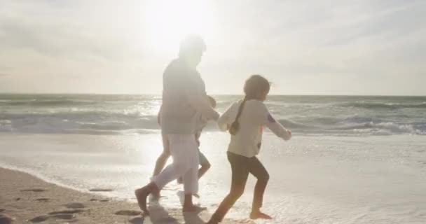 Visão Traseira Avós Hispânicos Felizes Netos Correndo Praia Pôr Sol — Vídeo de Stock