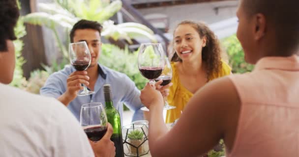 Grupo Diversos Amigos Amigas Riendo Brindando Con Vino Cena Patio — Vídeos de Stock