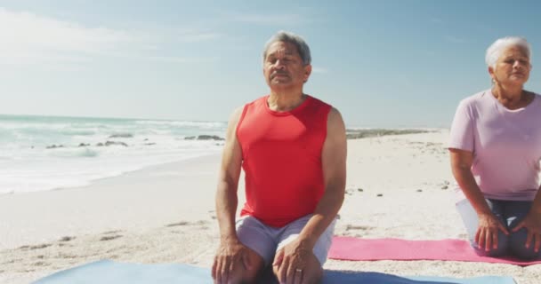Zrelaksowana Latynoska Para Praktykująca Jogę Matach Plaży Sportowy Zdrowy Aktywny — Wideo stockowe