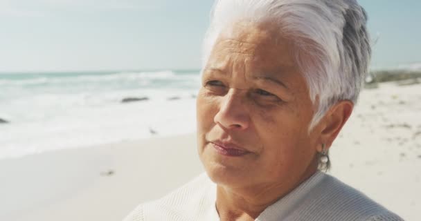 Portrait Thoughtful Senior Hispanic Woman Standing Beach Look Distance Healthy — Wideo stockowe