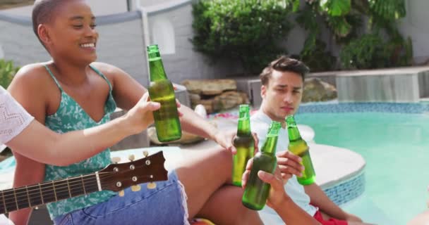 Gruppo Felici Diversi Amici Maschi Femmine Brindare Con Birra Alla — Video Stock