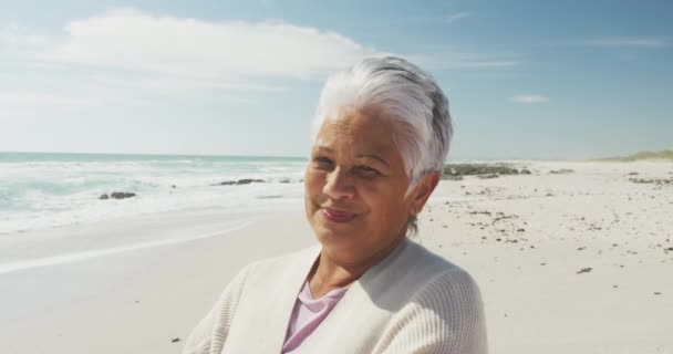 Retrato Una Mujer Hispana Mayor Pie Playa Sonriendo Cámara Estilo — Vídeo de stock