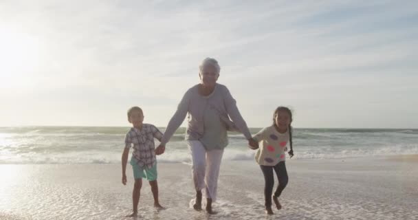 Szczęśliwej Latynoskiej Babci Wnuków Biegających Plaży Zachodzie Słońca Wakacje Wakacje — Wideo stockowe