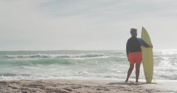 Achteraanzicht Van Senior Spaanse Vrouw Die Het Strand Staat Met — Stockvideo