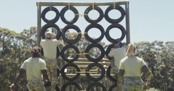 Různorodá Skupina Vojáků Šplhající Zdi Pneumatiky Armádní Překážkové Dráze Slunci — Stock video