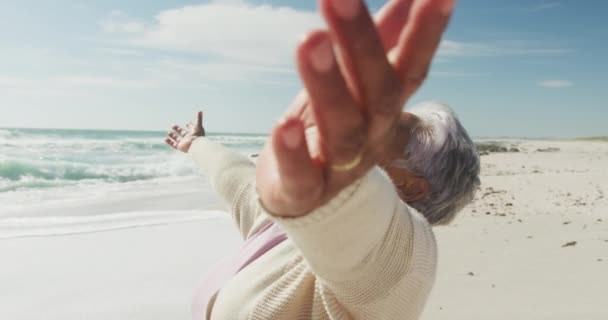 Porträt Einer Glücklichen Älteren Hispanischen Frau Die Strand Steht Und — Stockvideo
