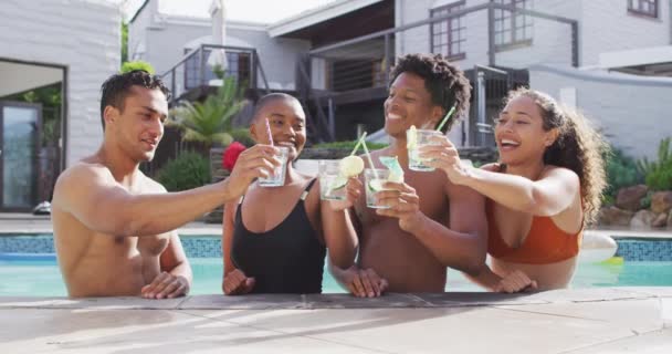 Group Diverse Male Female Friends Toasting Drinks Laughing Swimming Pool — Stock Video