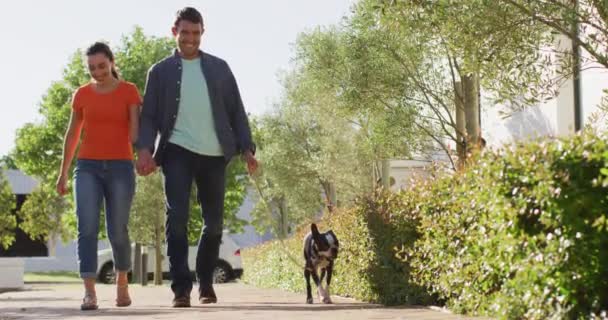Glückliches Kaukasisches Paar Geht Mit Seinem Hund Spazieren Hauswirtschaft Haustierhaltung — Stockvideo