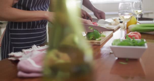 Środkowa Część Dwurasowej Pary Gotującej Razem Krojącej Warzywa Miłość Związek — Wideo stockowe