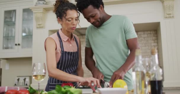 Glückliches Paar Das Zusammen Kocht Und Gemüse Schneidet Liebe Und — Stockvideo