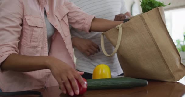 Mutfakta Paketleri Açan Çift Irklı Çiftlerin Elleri Sağlıklı Bir Yaşam — Stok video