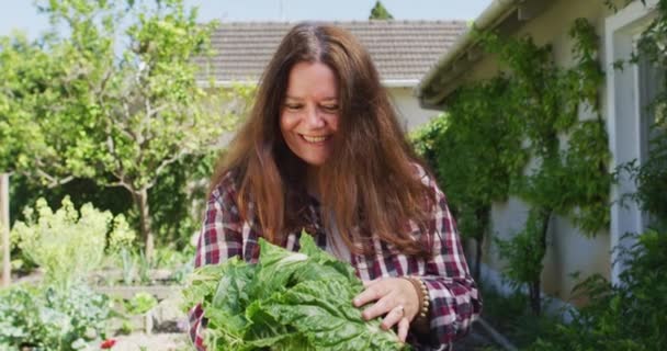 Porträtt Lycklig Kaukasisk Kvinna Med Sallad Trädgården Hushållsliv Umgänge Hemma — Stockvideo