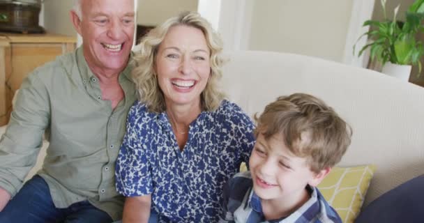 Happy Caucasian Grandparents Grandson Taking Selfie Sitting Living Room Family — Video