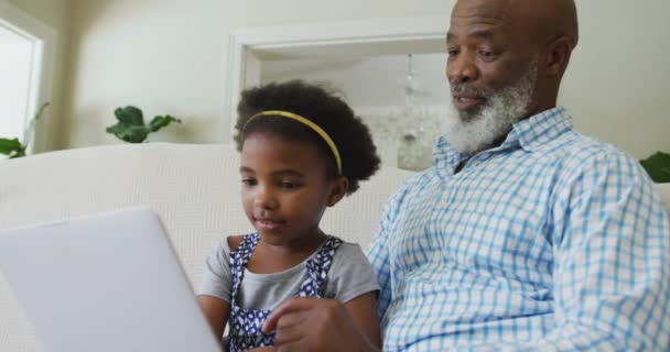 Felice Nonno Afroamericano Con Nipote Utilizzando Tablet Soggiorno Famiglia Trascorrere — Video Stock