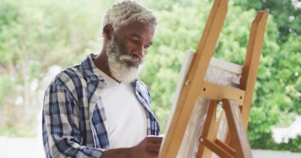 Video Hombre Mayor Afroamericano Pintando Cuadro Afuera Estilo Vida Jubilación — Vídeo de stock