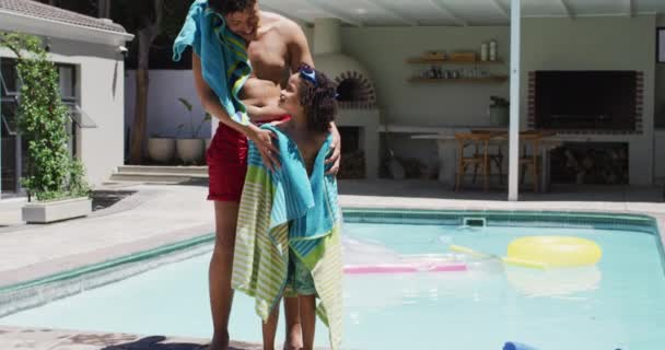 Happy Biracial Man His Son Standing Swimming Pool Garden Domestic — Stock Video