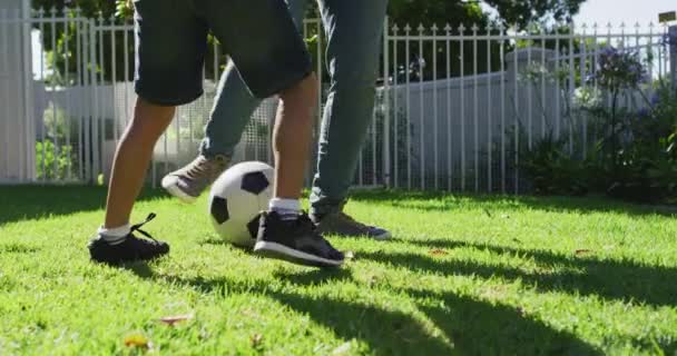 Sección Media Del Hombre Biracial Hijo Jugando Fútbol Jardín Vida — Vídeos de Stock