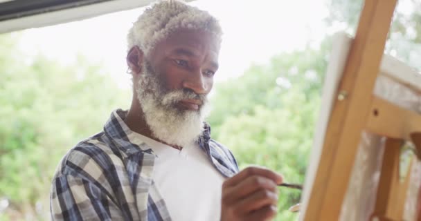 Vídeo Homem Afro Americano Sênior Pintando Quadro Fora Estilo Vida — Vídeo de Stock