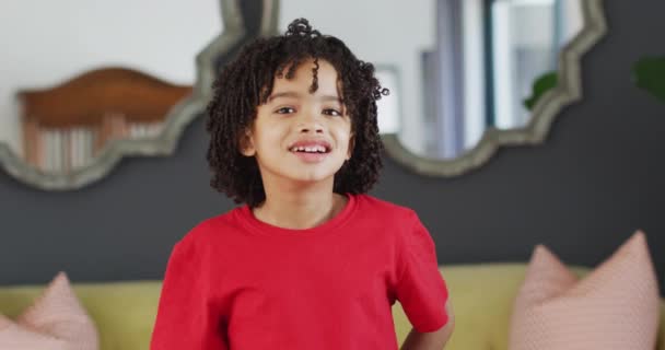 Portrait Happy Biracial Boy Looking Camera Saluting Domestic Life Spending — Stock Video