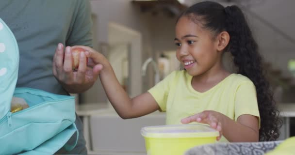 Feliz Padre Birracial Hija Preparando Almuerzo Para Escuela Estilo Vida — Vídeos de Stock