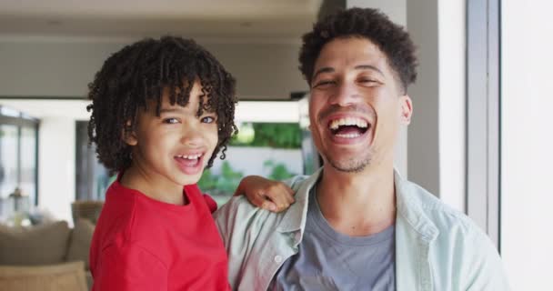 Portrait Happy Biracial Man His Son Looking Camera Smiling Domestic — Stock Video