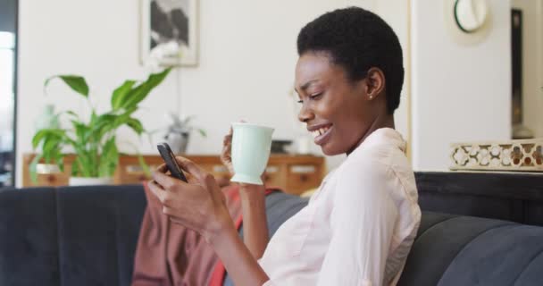 Heureuse Femme Afro Américaine Assise Sur Canapé Dans Salon Aide — Video