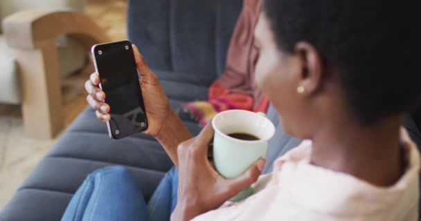 Heureuse Femme Afro Américaine Assise Sur Canapé Dans Salon Utilisant — Video