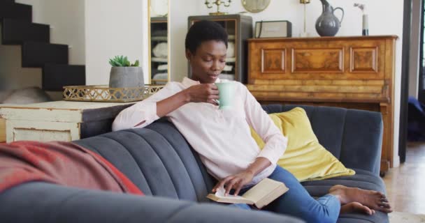 Gelukkige Afro Amerikaanse Vrouw Zittend Een Bank Woonkamer Boek Lezend — Stockvideo