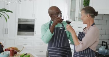 Mavi önlük giyip mutfakta şarap içen kıdemli bir çift. Evde birlikte vakit geçirmek..