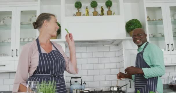 Leende Senior Diverse Par Bär Blå Förkläden Och Matlagning Köket — Stockvideo