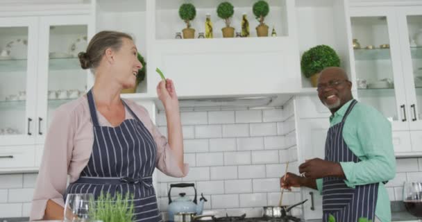 Lachend Senior Divers Koppel Met Blauwe Schorten Koken Keuken Tijd — Stockvideo