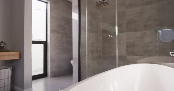 Vista Generale Del Bagno Lusso Con Doccia Vasca Design Interni — Video Stock