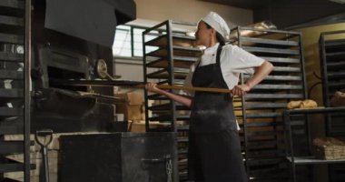 Asyalı fırıncının fırına rulo attığı animasyon. Pastanede çalışmak, bağımsız küçük işletme.