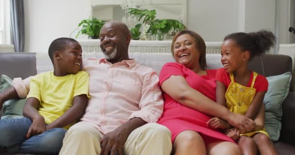 Lykkelige Amerikanske Besteforeldre Barnebarn Som Omfavner Sofa Familie Samvær Tilbringer – stockvideo