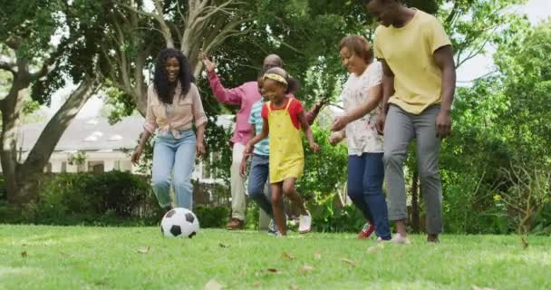 Animation Happy African American Family Playing Football Garden Family Togetherness — Vídeo de stock