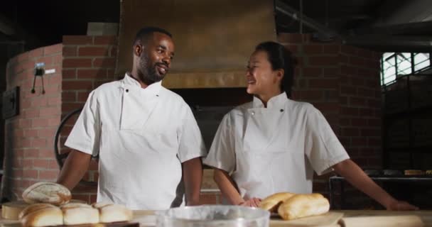 Animación Dos Diversos Panaderos Masculinos Femeninos Sonriendo Cámara Panadería Trabajo — Vídeos de Stock