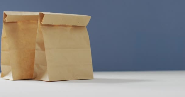 Mavi Arka Planda Kağıt Beslenme Çantaları Animasyonu Taze Vejetaryen Yemeği — Stok video