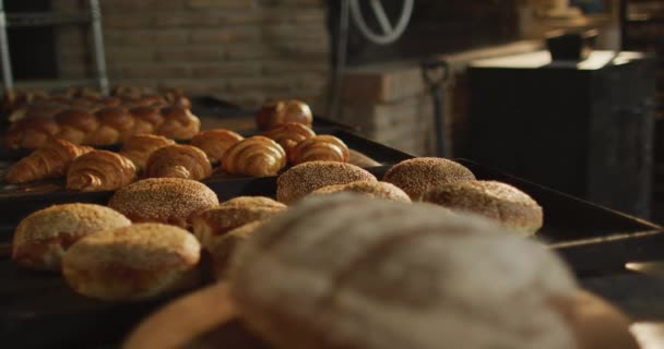 在面包店为新鲜烘焙面包和面包卷制作动画 在面包店工作 独立的小企业 — 图库视频影像