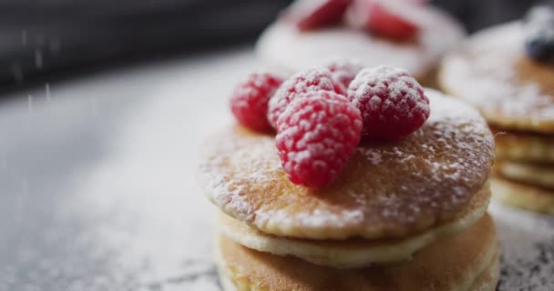 Video Pancakes Plate Seen Wooden Background Dessert Food Cooking Ingredients — Stock Video