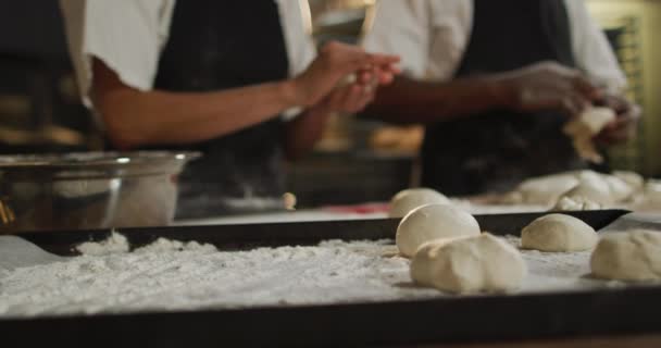 Animation Hands Diverse Male Female Bakers Preparing Rolls Working Bakery — Stock Video