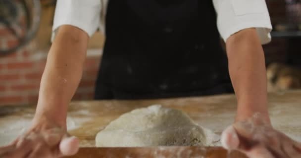 Animation Happy Asian Female Baker Rolling Sourdough Bread Working Bakery — Stock Video